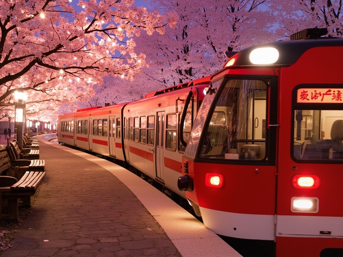 The Sakura Train Arriving at a Spring Station