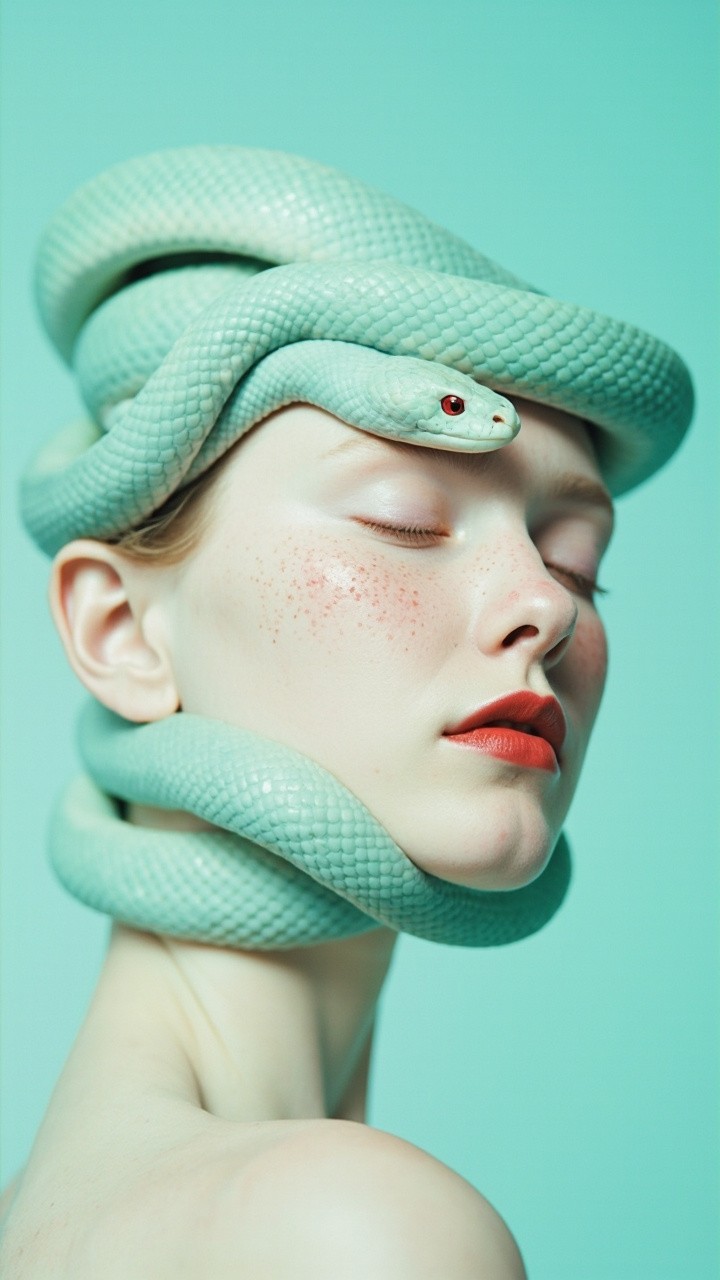 The Serene Androgynous Figure with Pastel Cyan Snake