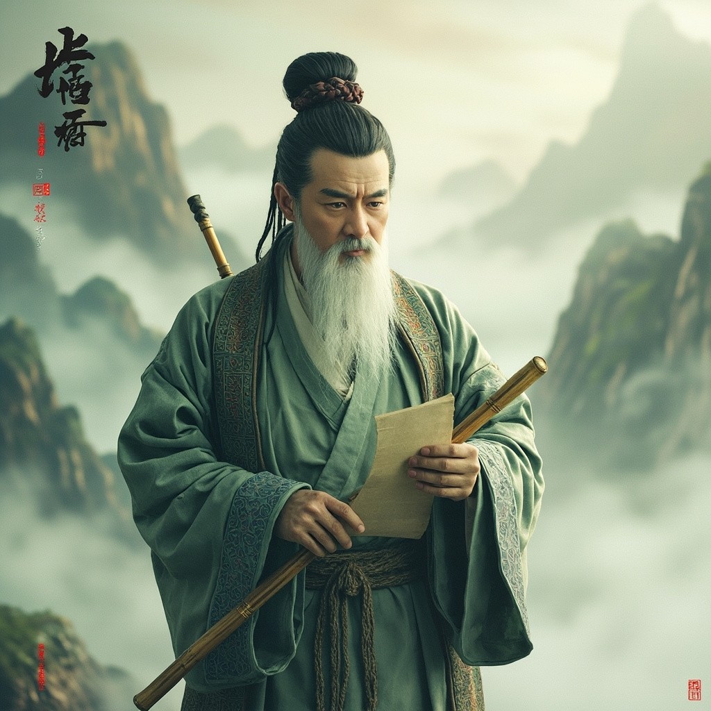 The Serene Laozi in Misty Mountains with Scroll