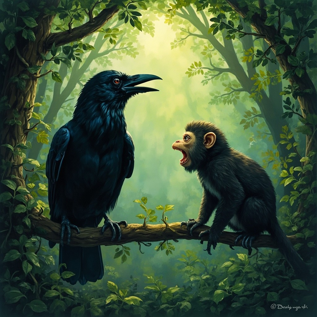 The Sly Crow and Mischievous Monkey in Jungle