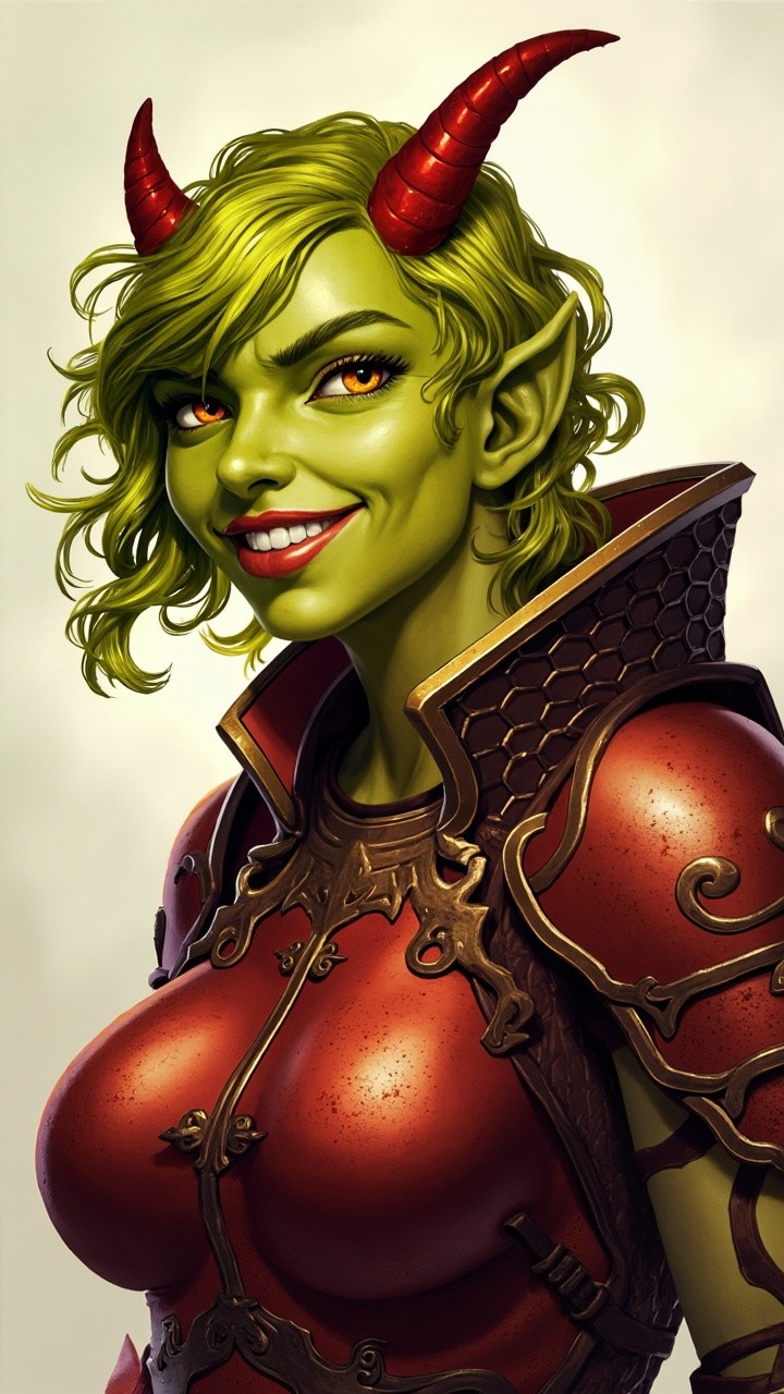 The Smirking Tiefling Woman in Scale Mail Armor