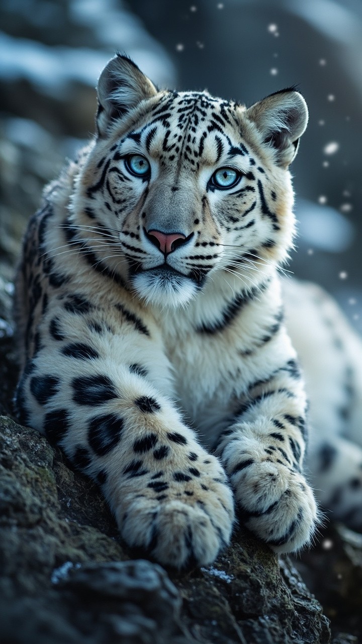 The Snow Leopard Resting Amidst Snowfall