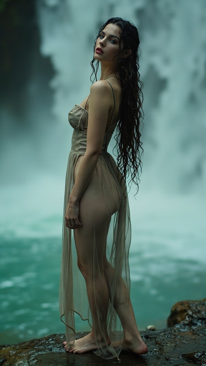 The Striking Woman by Waterfall in Vogue Style