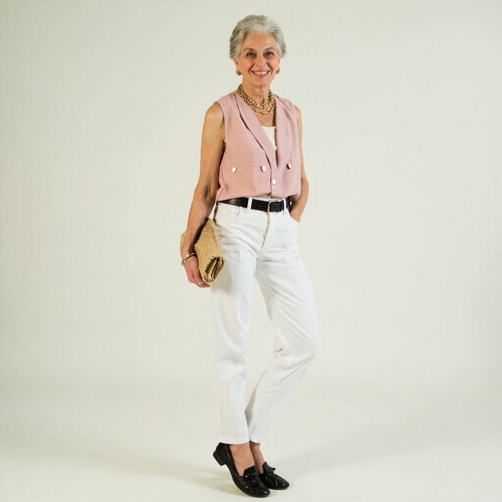 The Stylish Middle-Aged Model in Pink Vest and White Jeans