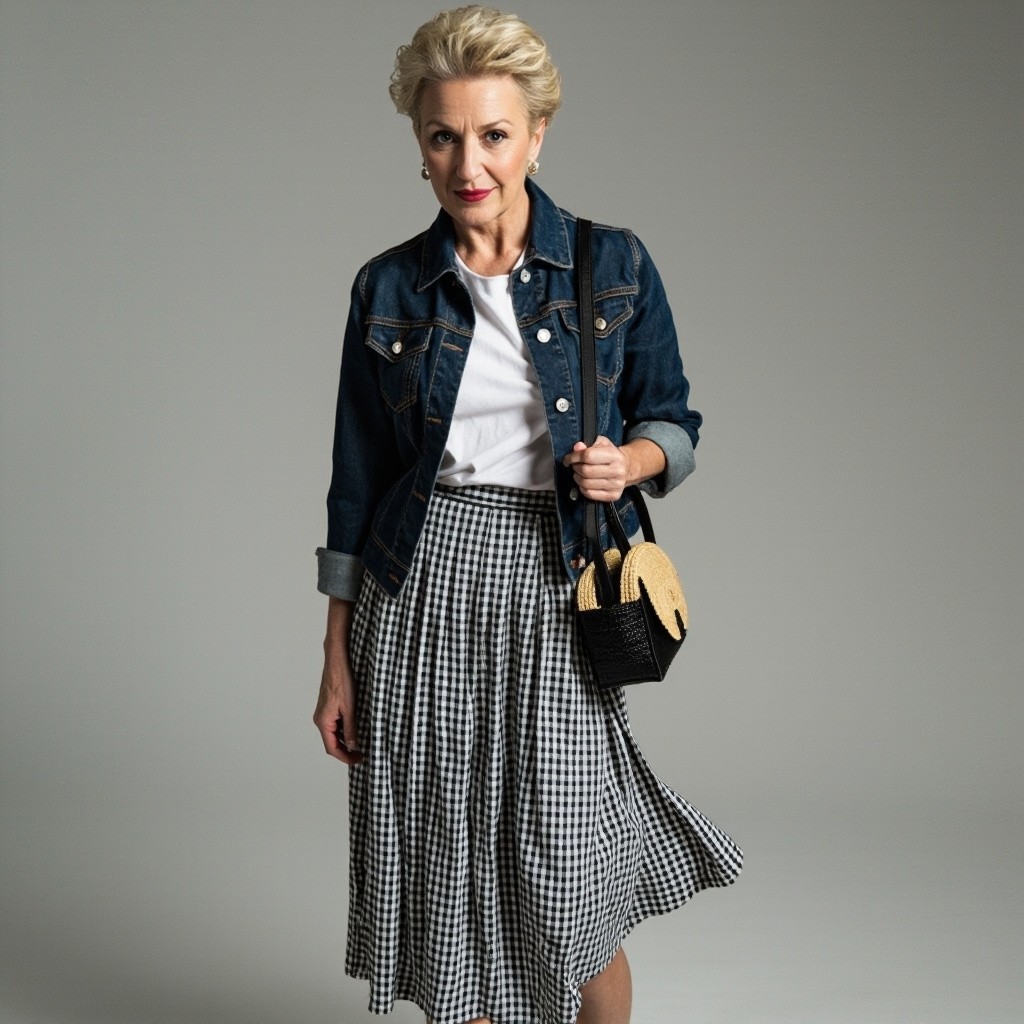 The Stylish Middle-Aged Woman in Gingham Skirt