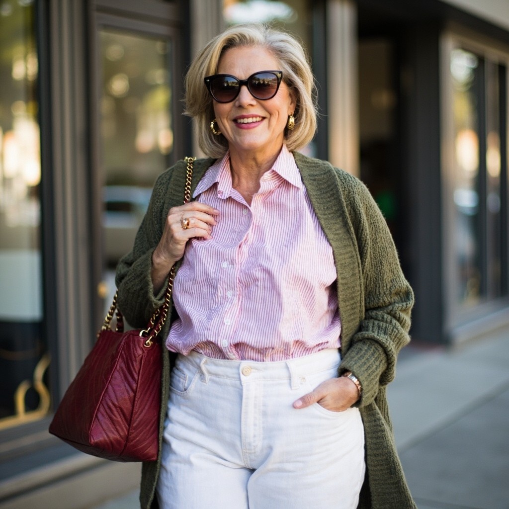 The Stylish Middle-Aged Woman in Striped Outfit