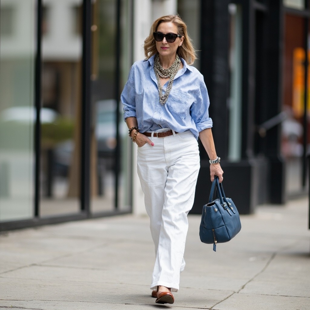 The Stylish Middle-aged Lady in White High-waisted Jeans