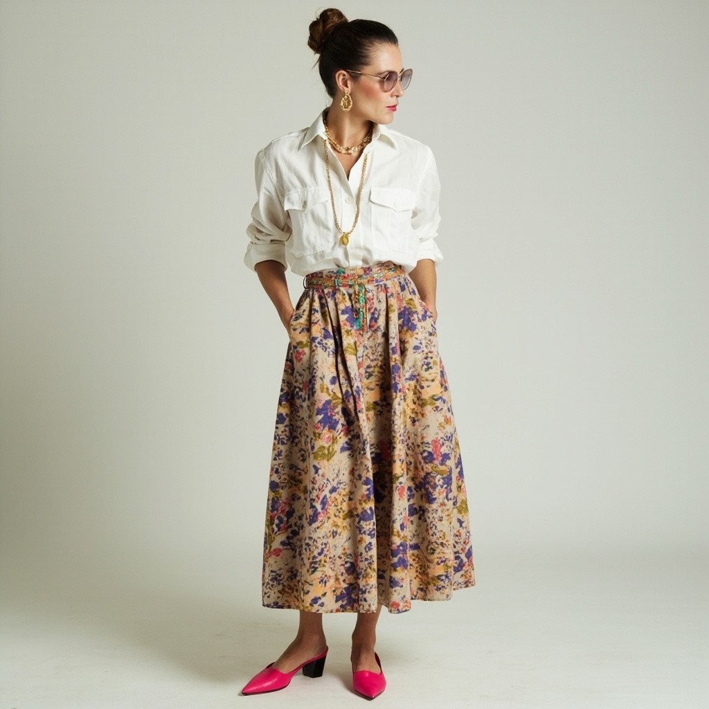 The Stylish Woman in Floral Skirt and Gold Chains