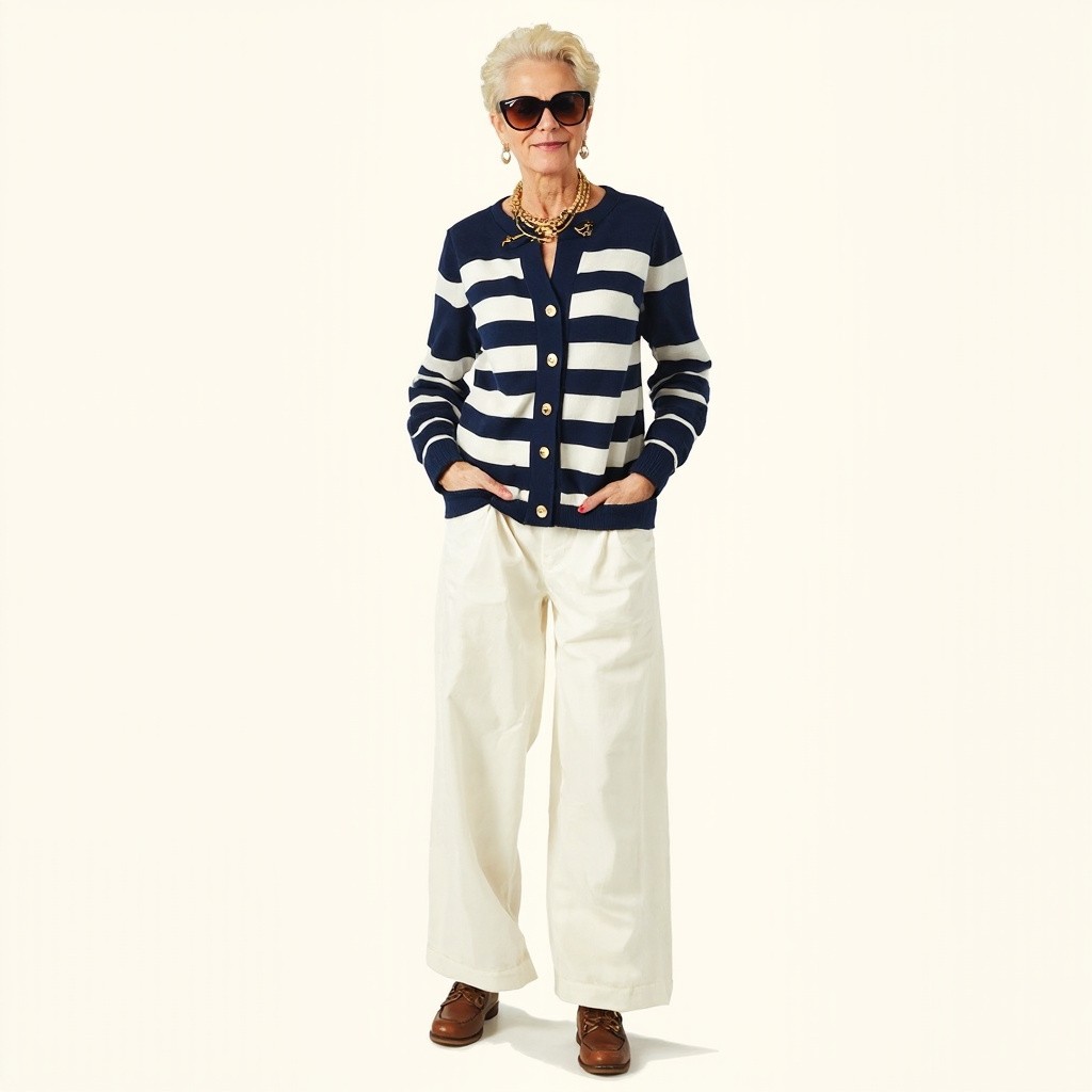 The Stylish Woman in Nautical Stripe Cardigan and Sunglasses