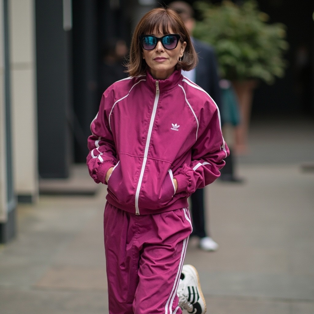 The Stylish Woman in Pink Tracksuit and Sunglasses