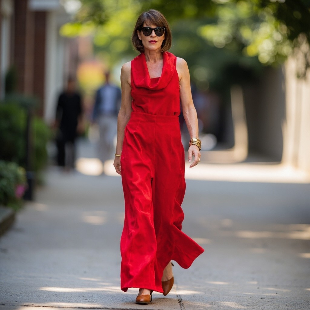 The Stylish Woman in Red Jumpsuit and Gold Bangles