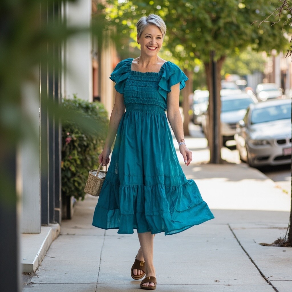 The Stylish Woman in Teal Blue Midi Dress