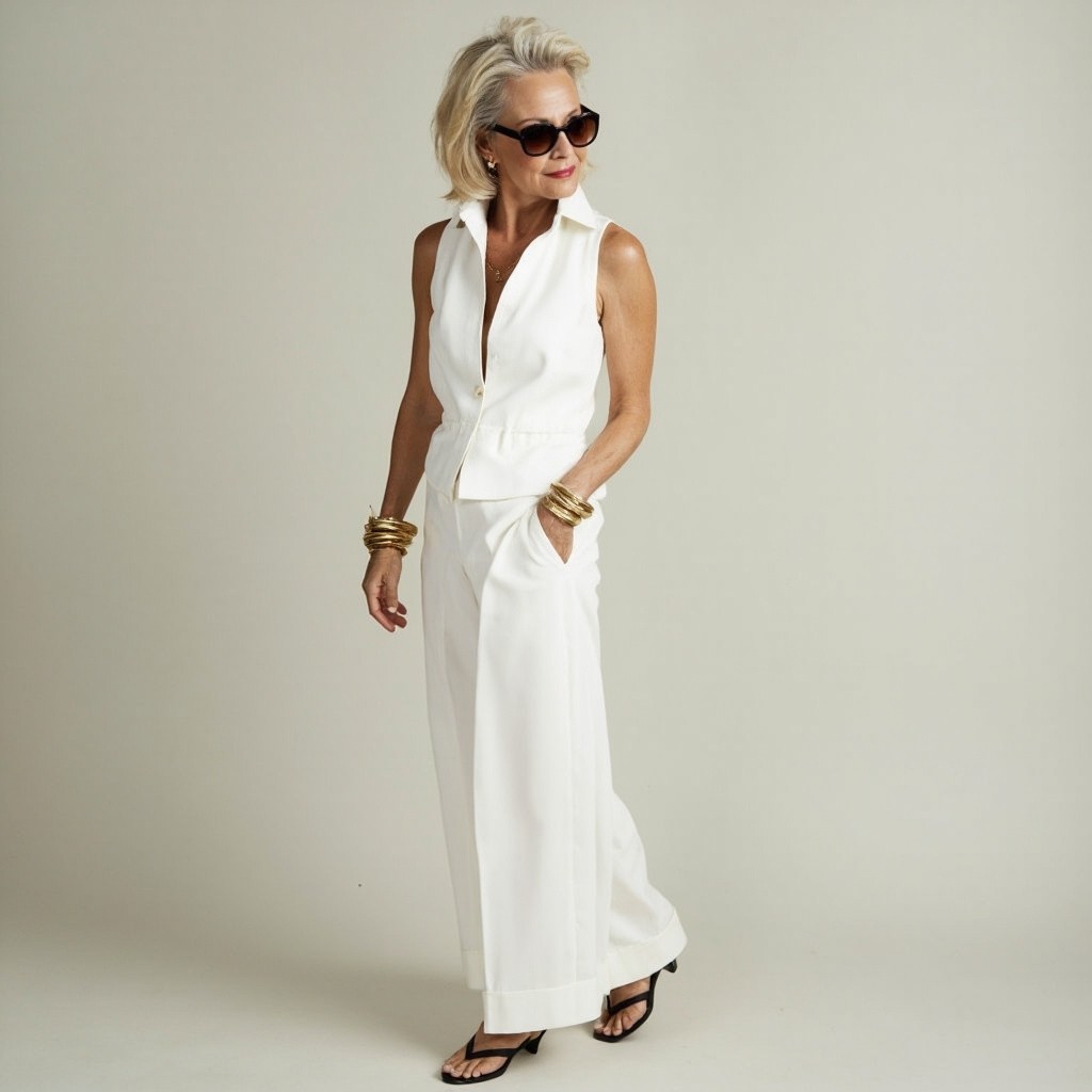 The Stylish Woman in White Outfit and Sunglasses