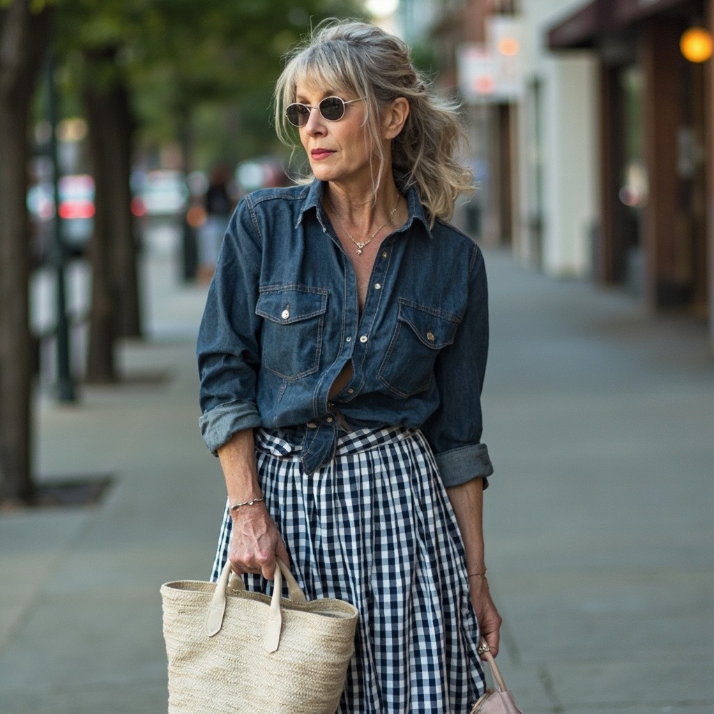 The Stylized Middle-Aged Woman in Gingham Skirt