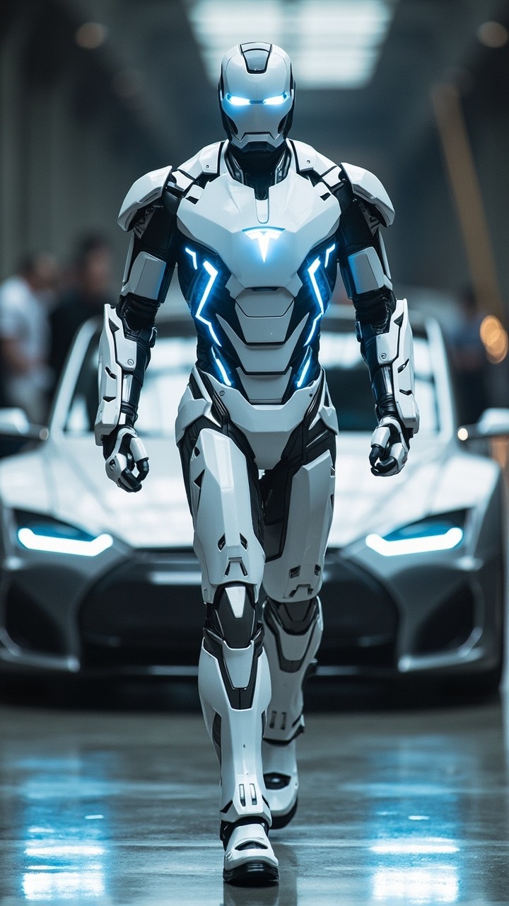 The Tesla Iron Man Advancing in Futuristic Gigafactory