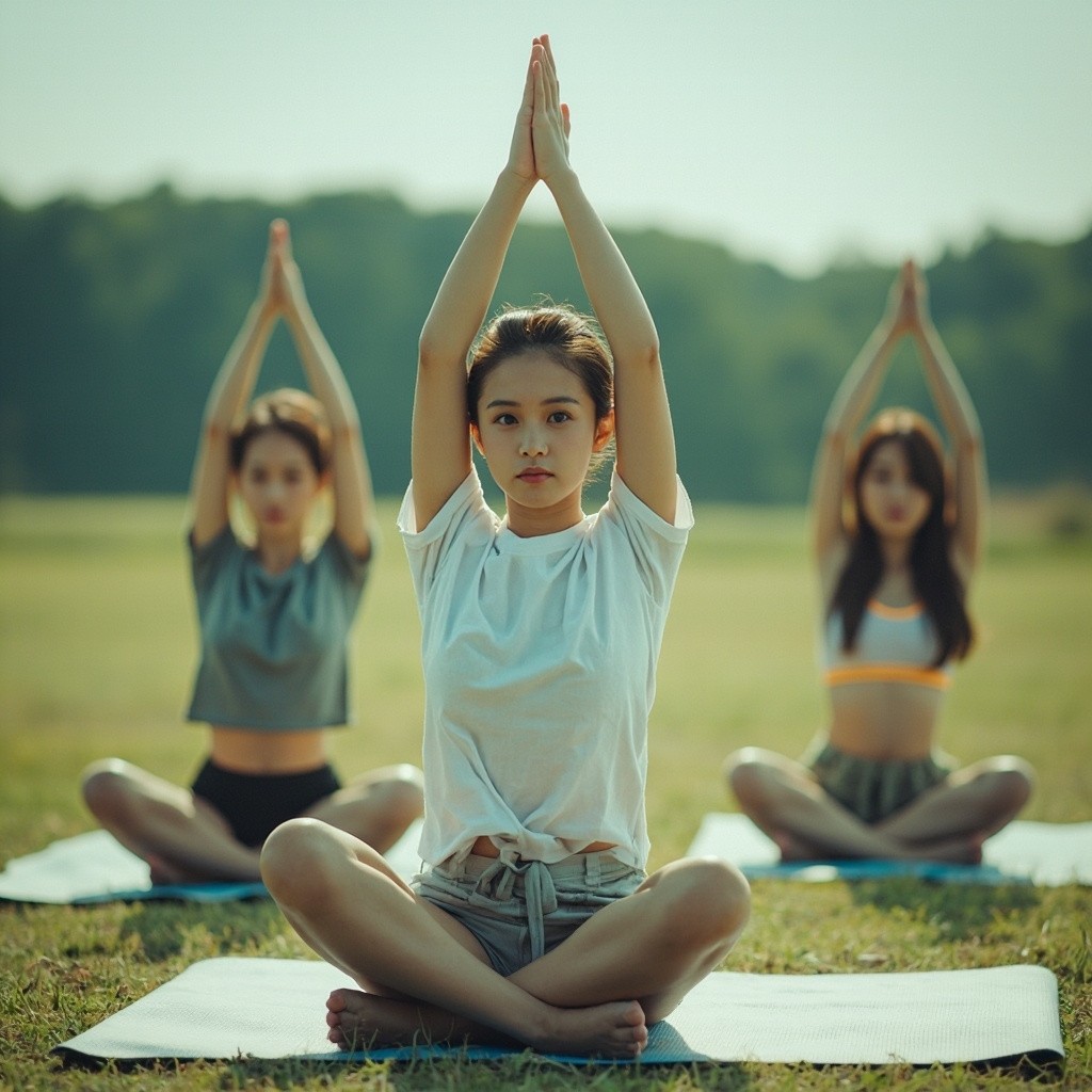 The Three Asian Women Practicing Yoga in Park