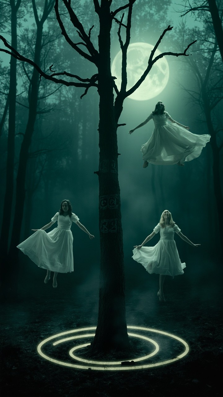 The Three Levitating Women in a Moonlit Forest