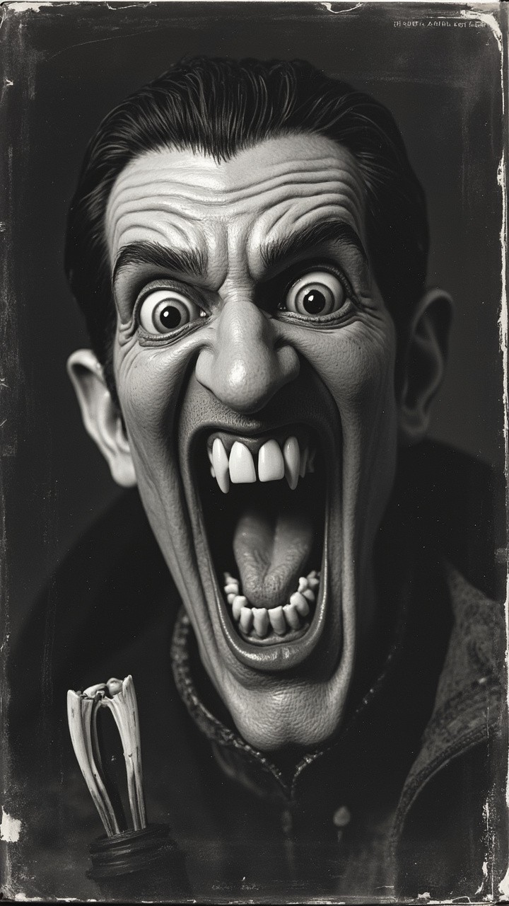 The Vintage Caricature of Dracula Showing Fangs