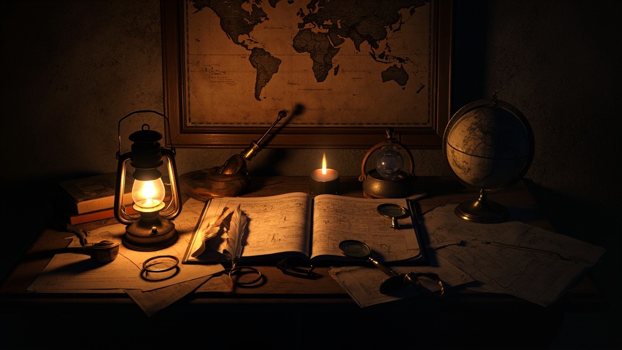 The Vintage Explorer's Study at Night