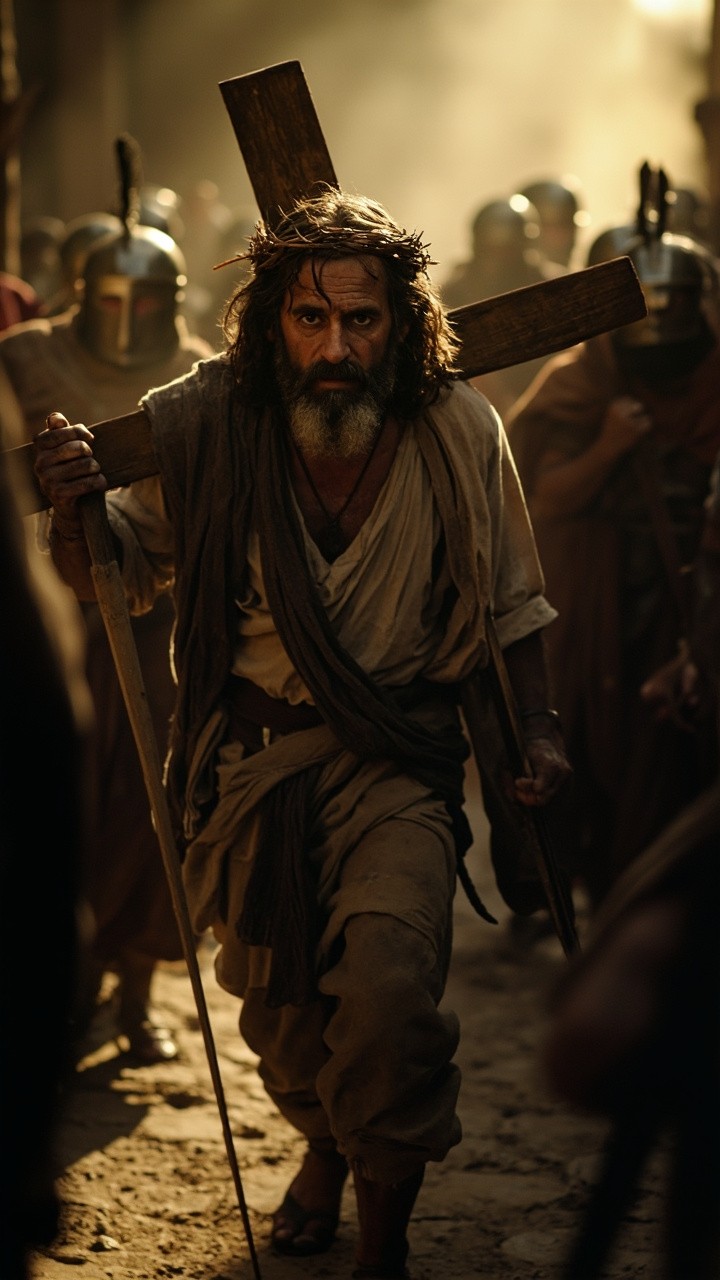The Weary Man Carrying Cross Amidst Roman Soldiers