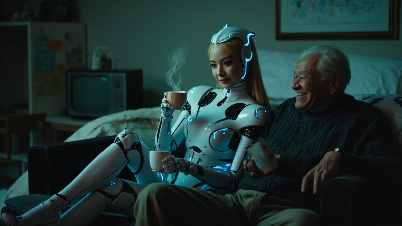 The Young Robot and Elderly Man Enjoying Tea