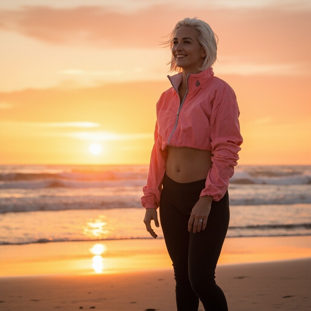 The Young Woman Enjoying Sunrise at Beach