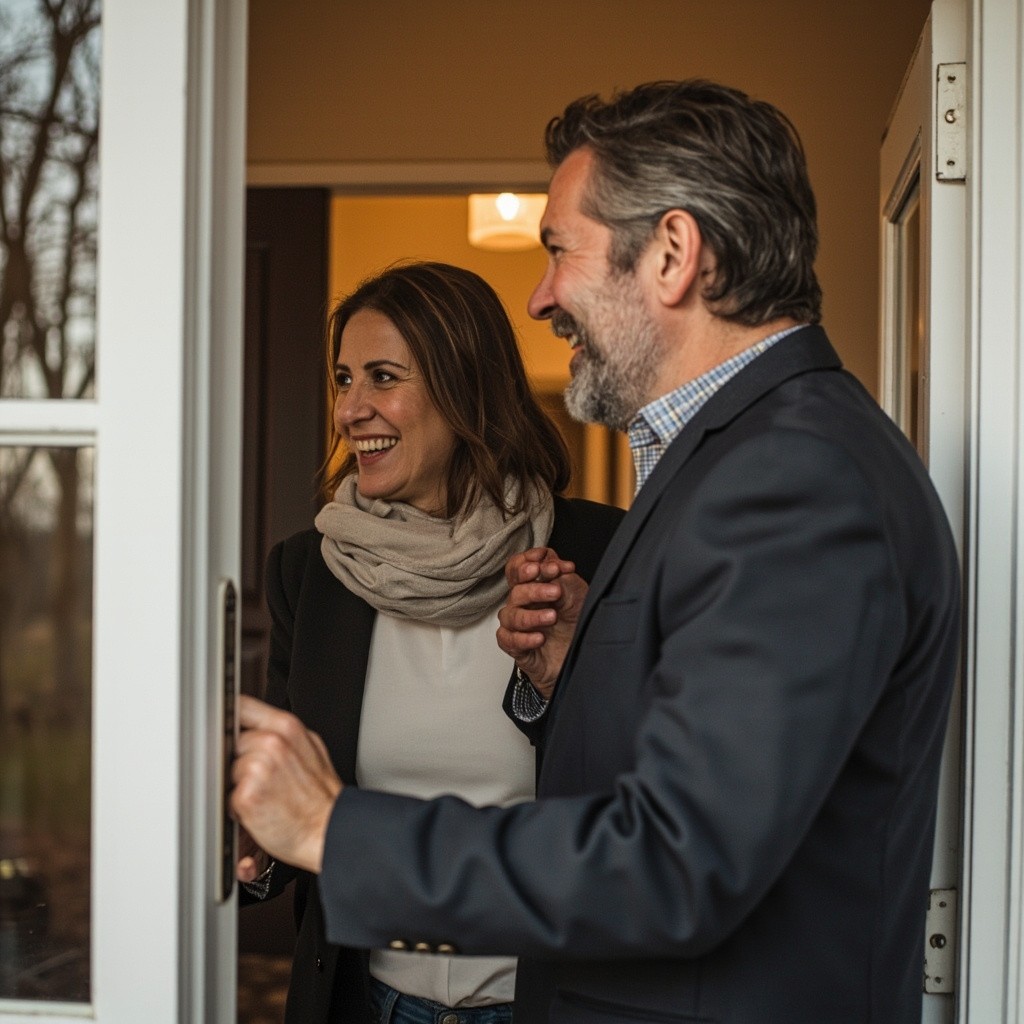 The homeowner warmly welcoming a smiling guest