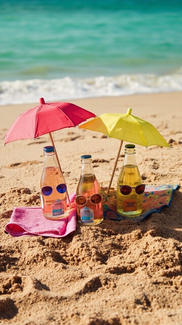 Three Bottles Sunbathing on Sandy Beach