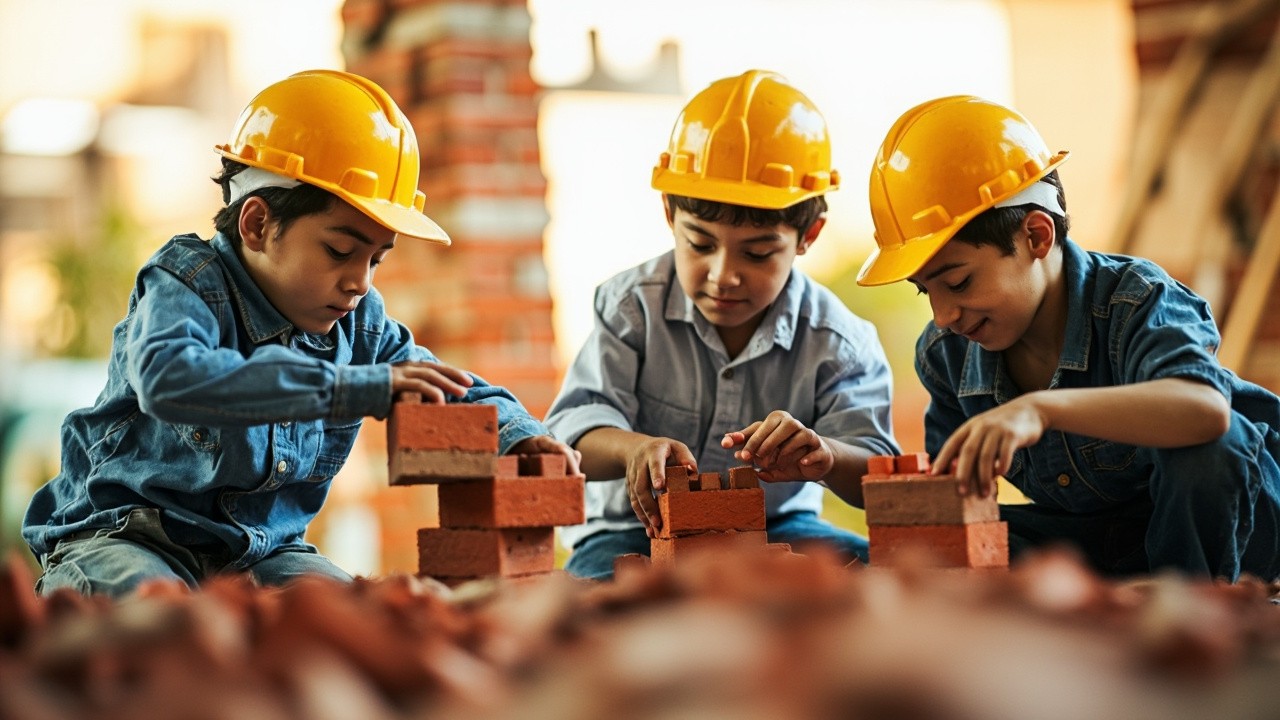 Three Bricklayers Building a Brick Wall