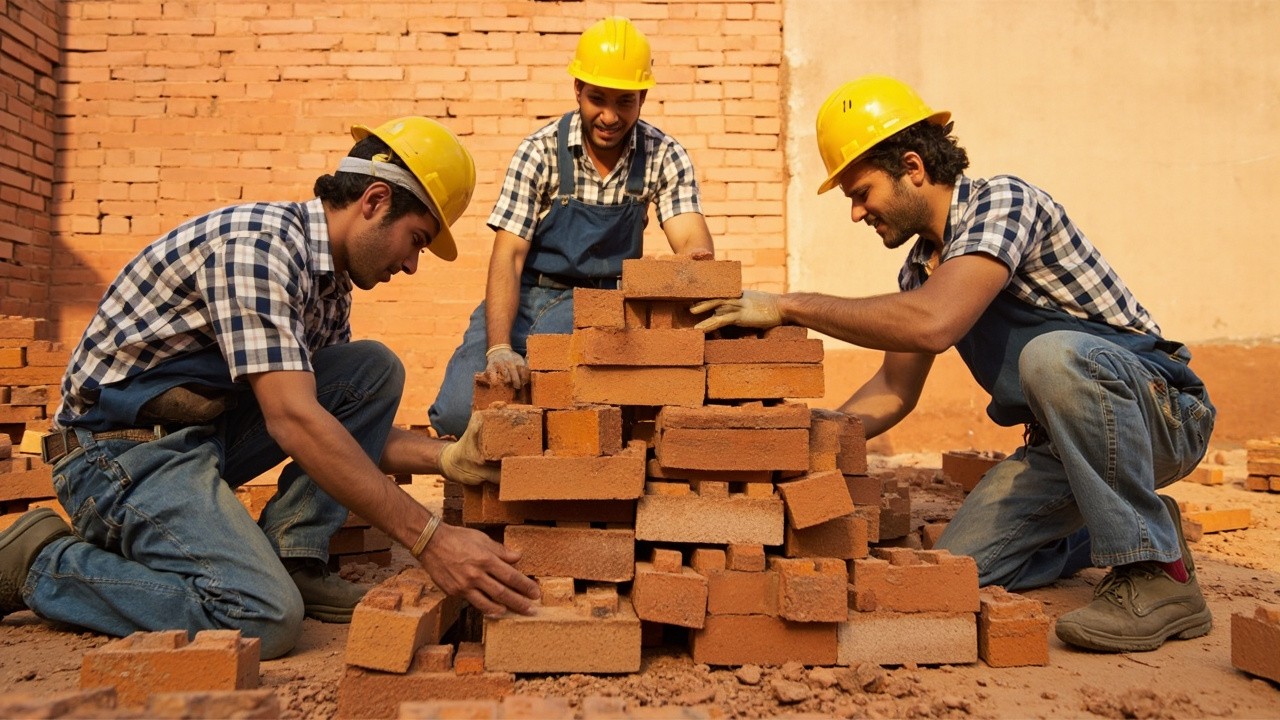 Three Bricklayers Building a Brick Wall
