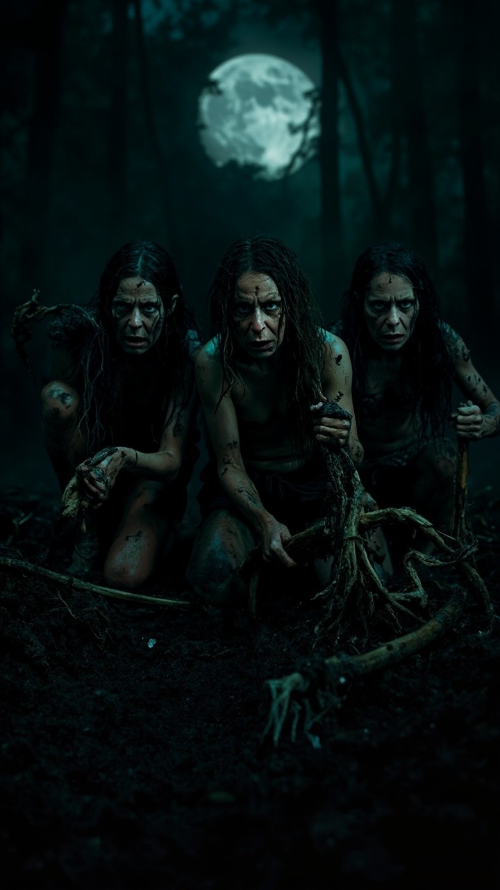 Three Gaunt Women Digging Up Roots under Moonlight