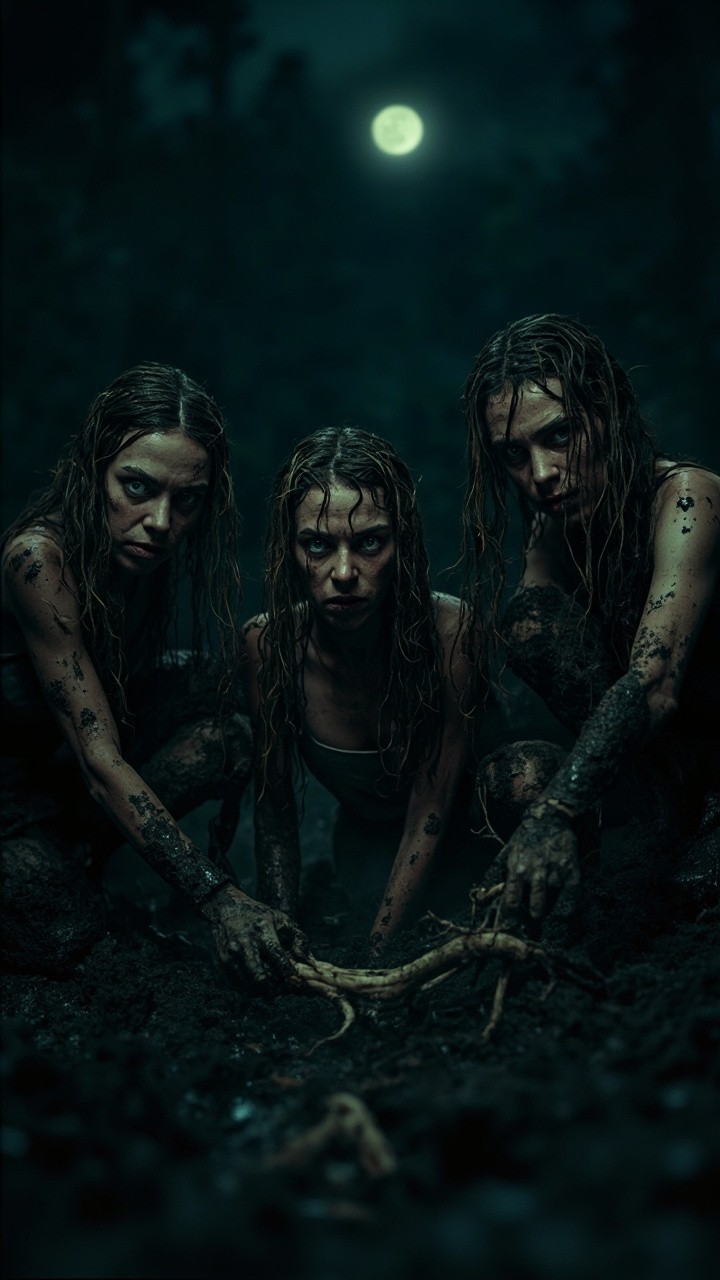 Three Gaunt Women Unearth Roots in Moonlit Forest
