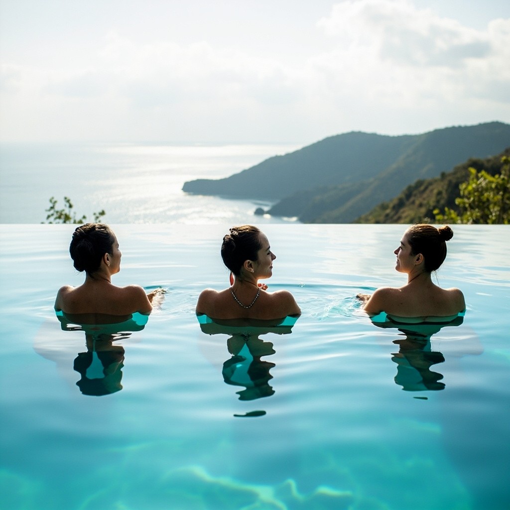 Three Women Relaxing in an Infinity Pool