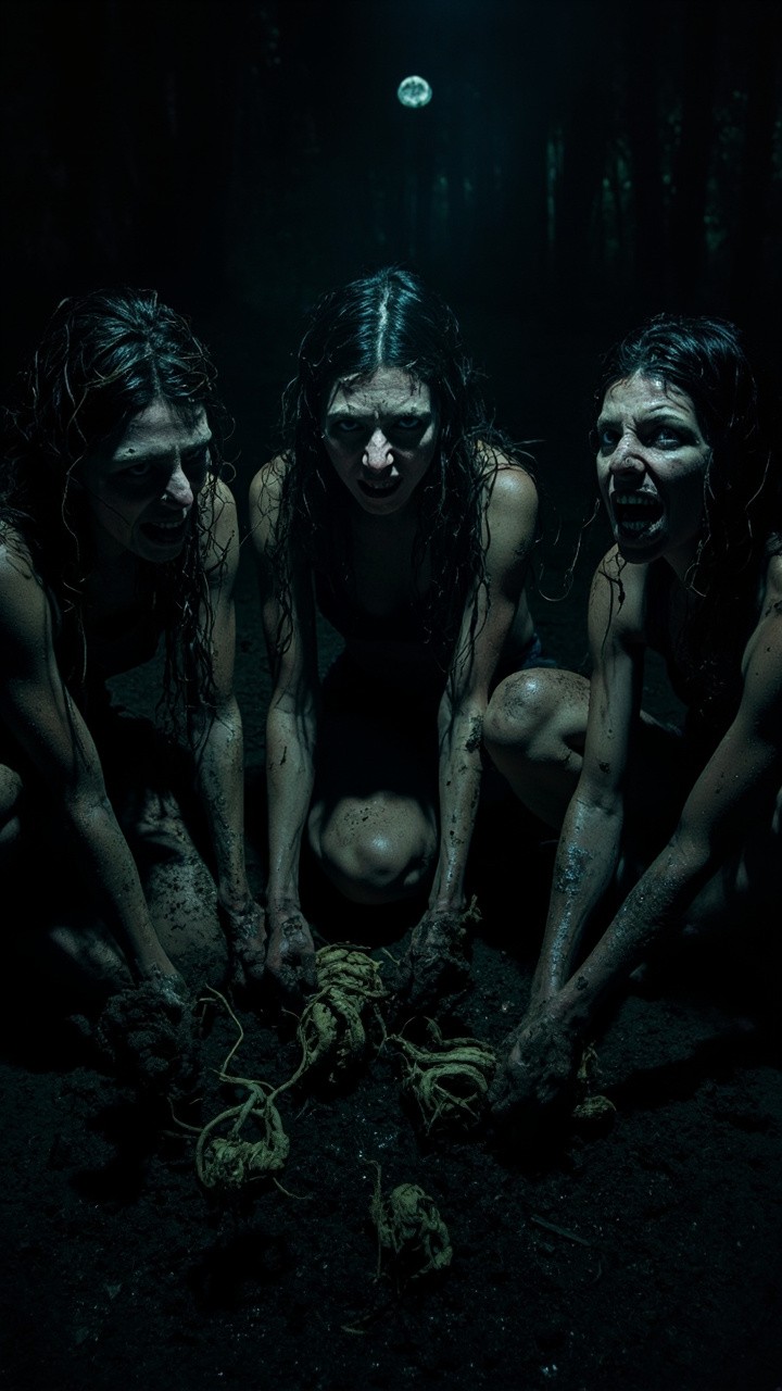Three Women Unearthing Roots in Moonlit Forest