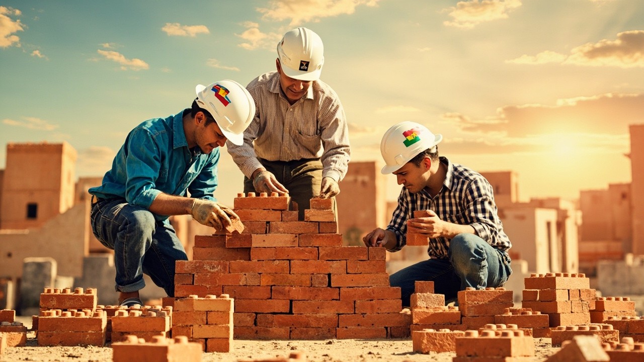 Three Workers Building a Brick Wall