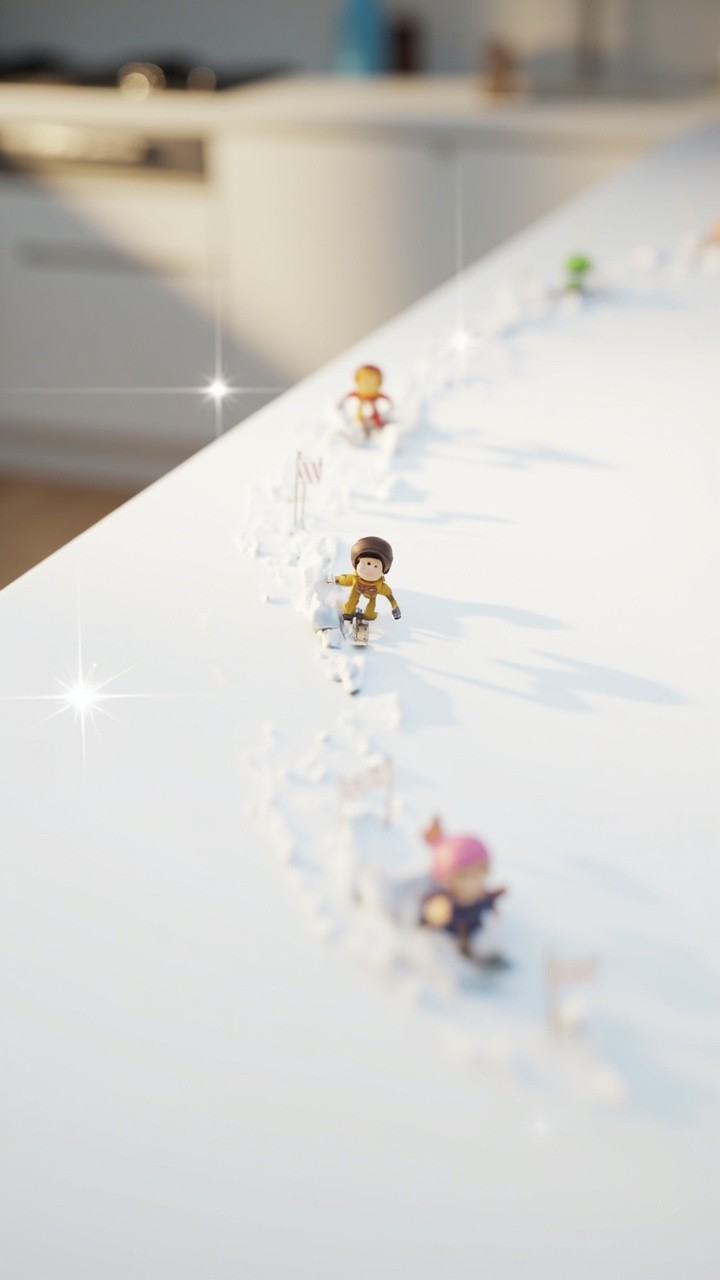 Tiny Cartoon Skiers on a Kitchen Cabinet Slope