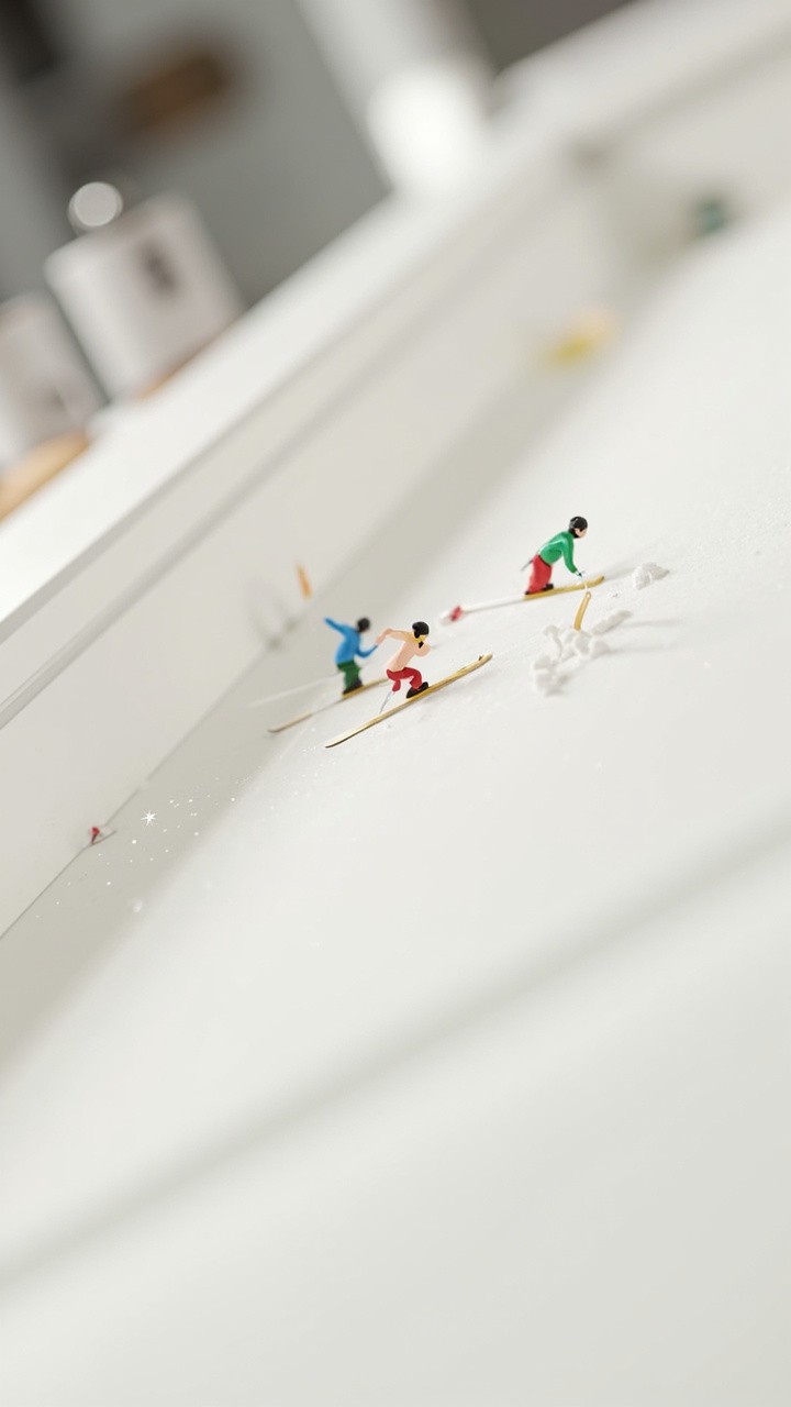 Tiny Cartoon Skiers on a Modern Kitchen Cabinet