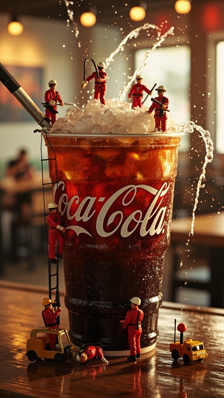 Tiny Firefighters Filling a Giant McDonald's Coke