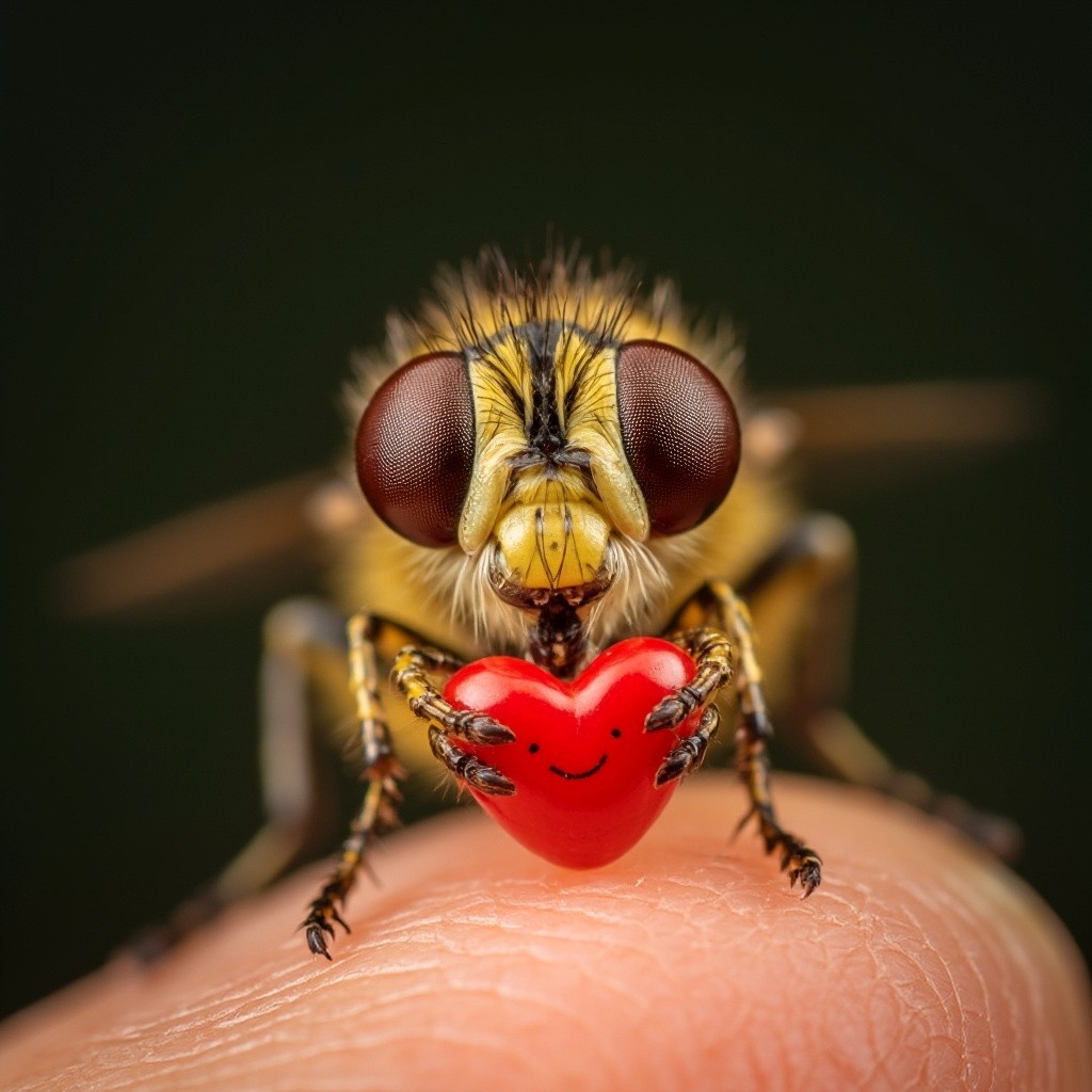 Tiny Fluffy Insect Holding Heart on Finger