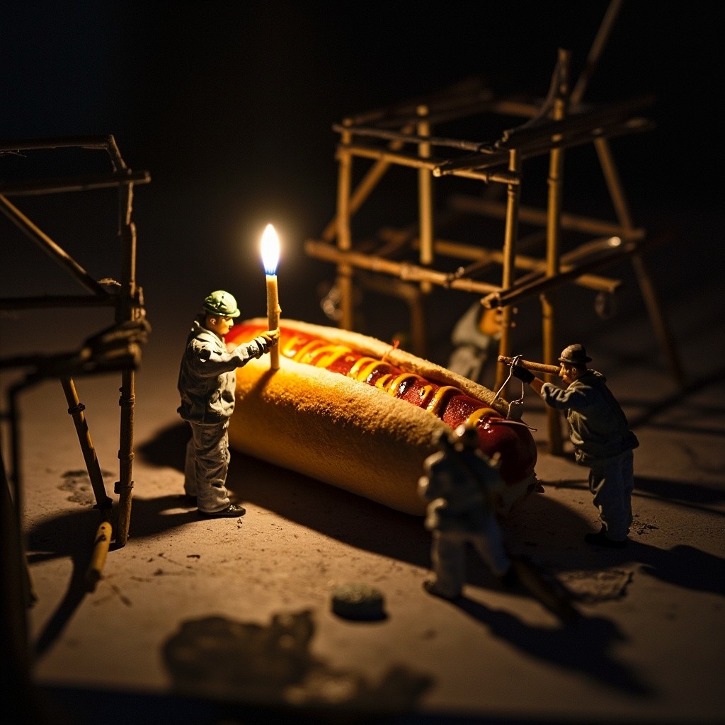 Tiny Workers Repairing Giant Hot Dog at Night