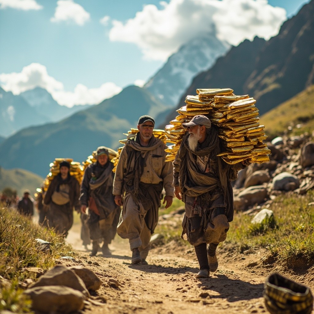 Traders Hauling Gold Up a Mountain in Sunshine