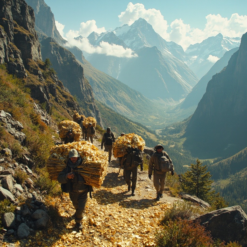 Traders Hauling Gold Up a Sunny Mountain