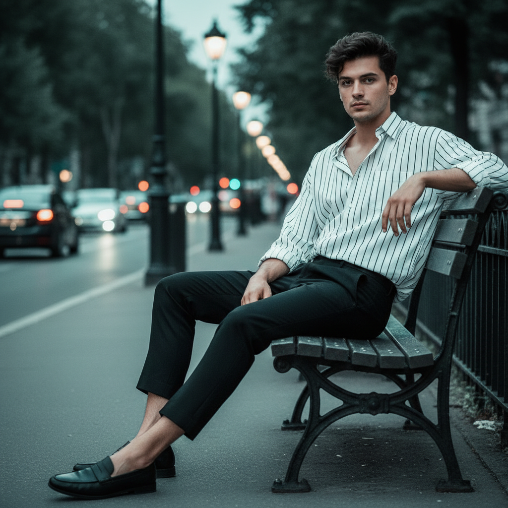Urban-style young man sitting on bench prompt image Urban-style young man sitting on bench prompt image