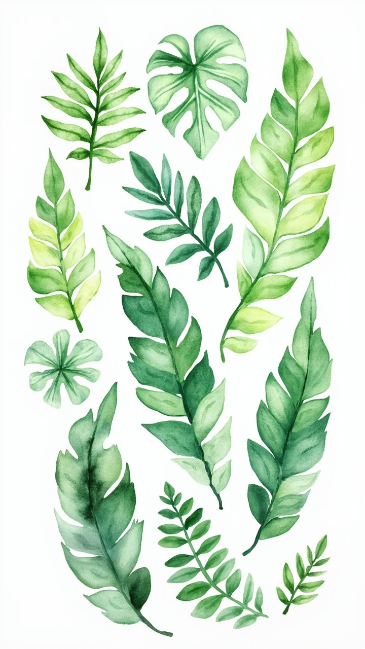 Tropical Leaves Watercolor on a White Background