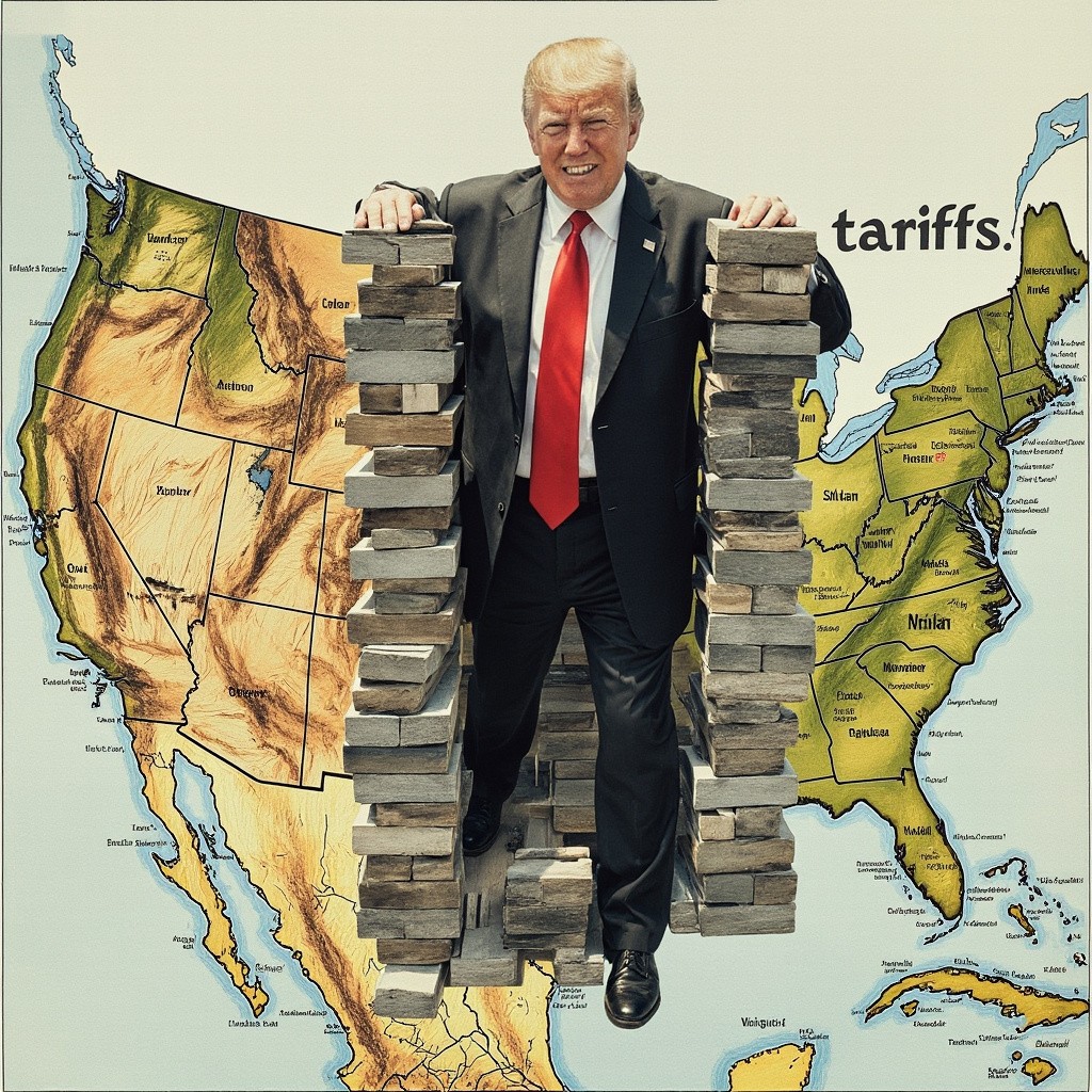 Trump Building Wall with Tariffs on American Map
