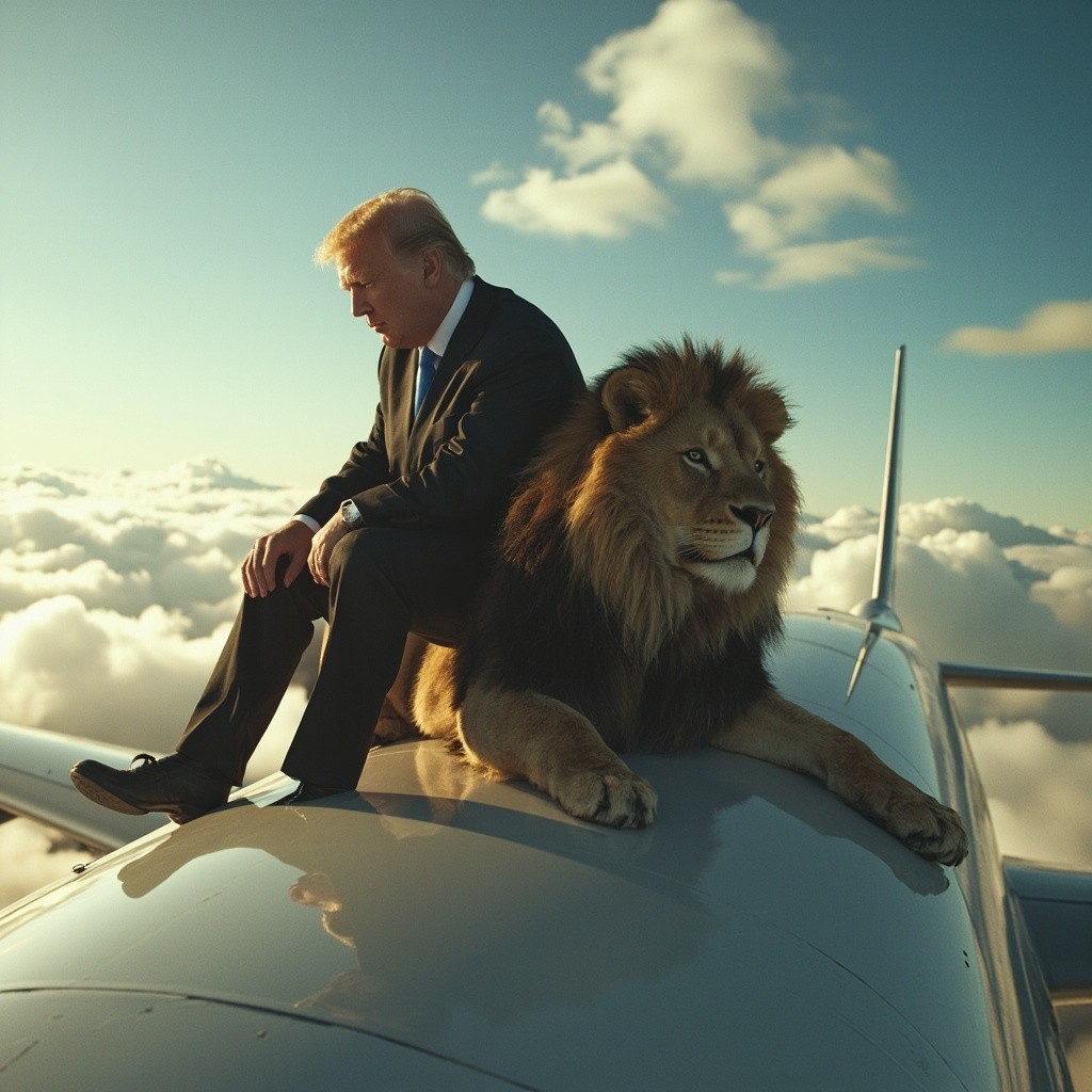 Trump Sitting on Lion on Top of Airplane