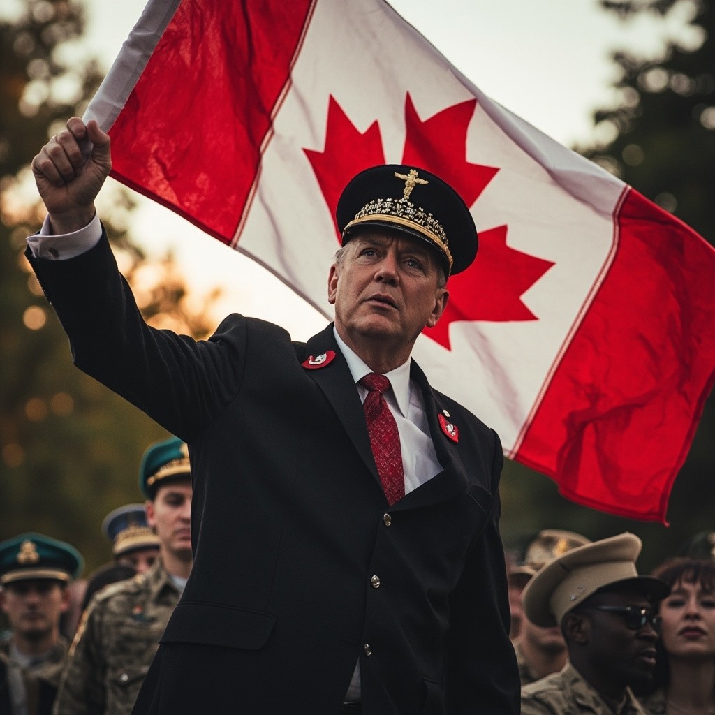 Trump in Army Uniform Holding a Canadian Flag