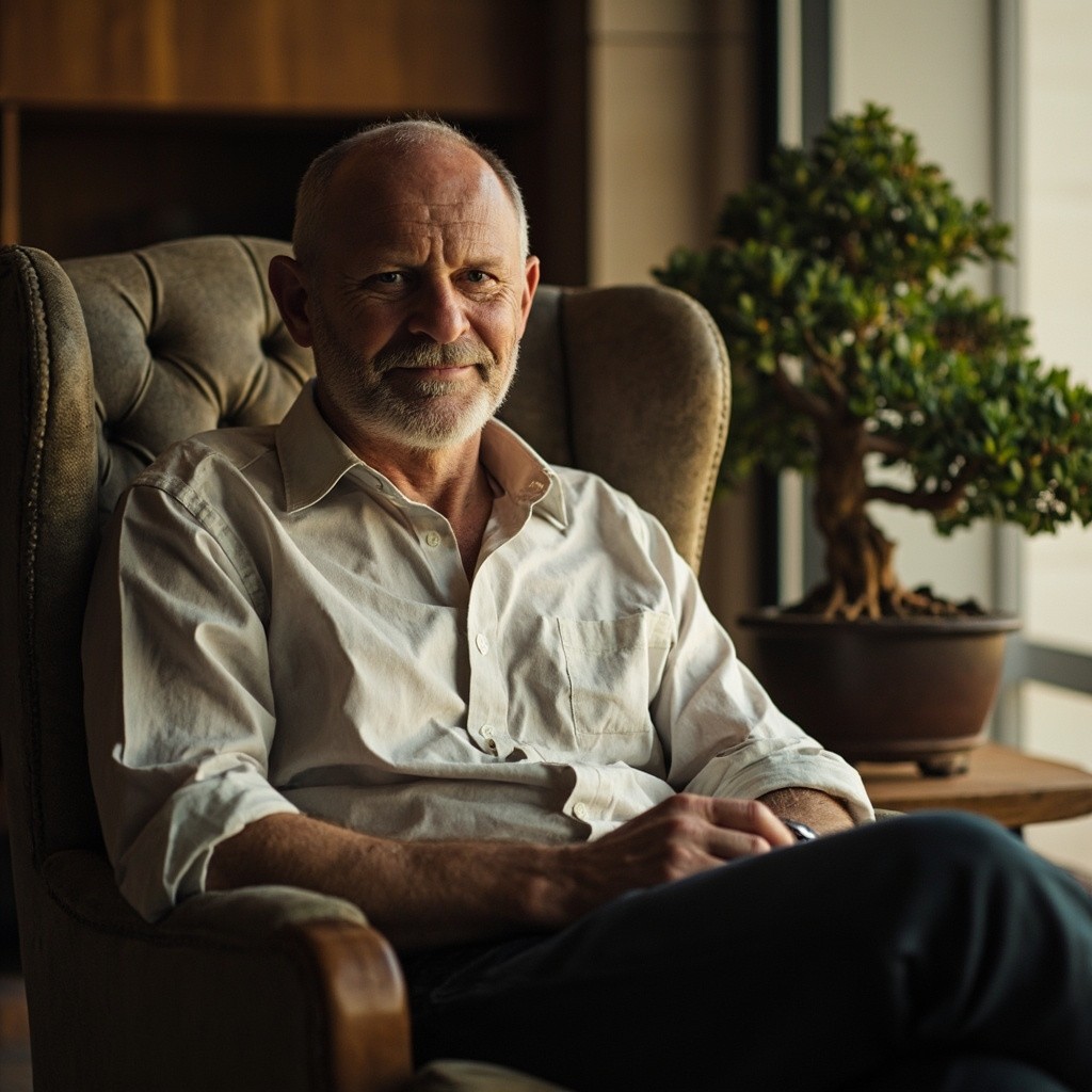 Trustworthy Mid-aged Psychologist with Bonsai, Cozy Setting