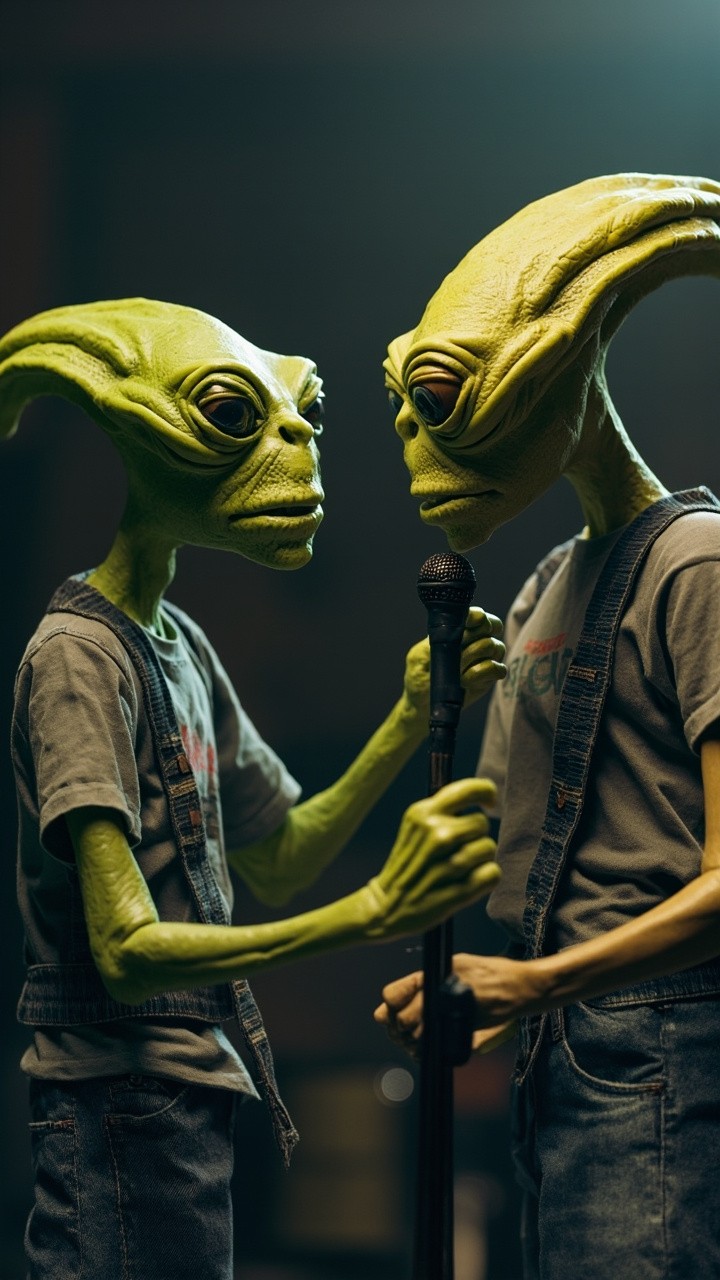 Two Aliens Singing in Casual Clothing