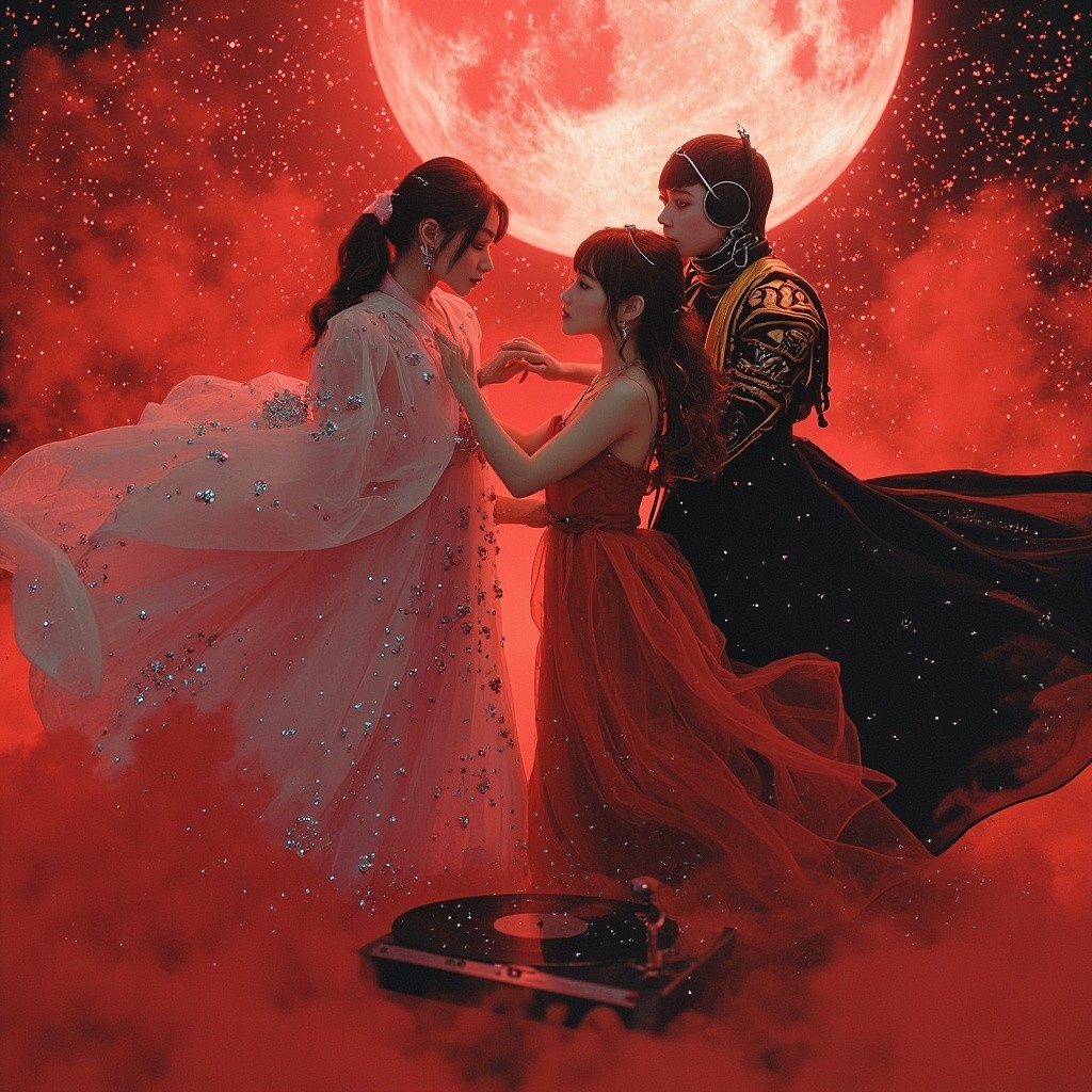 Two Anime Robots and Dancer in Crimson Moonlight